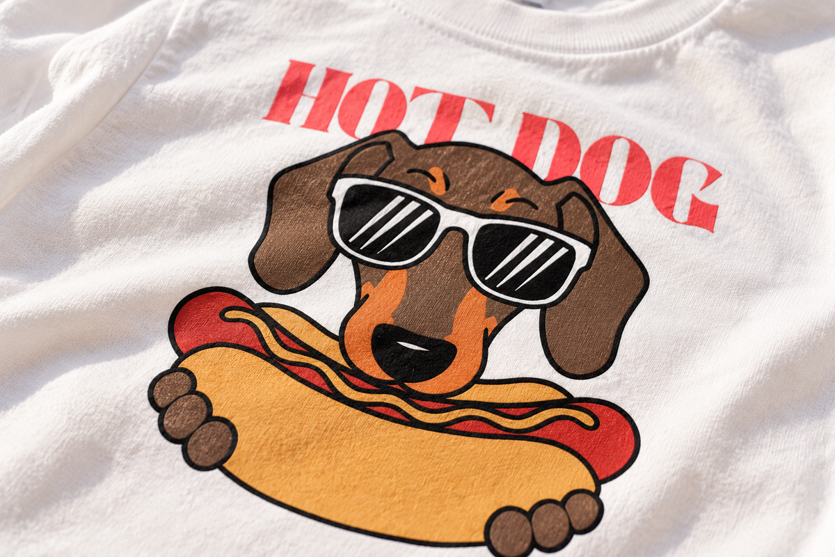 Close-up of Hot Dog graphic printed on white kids tee