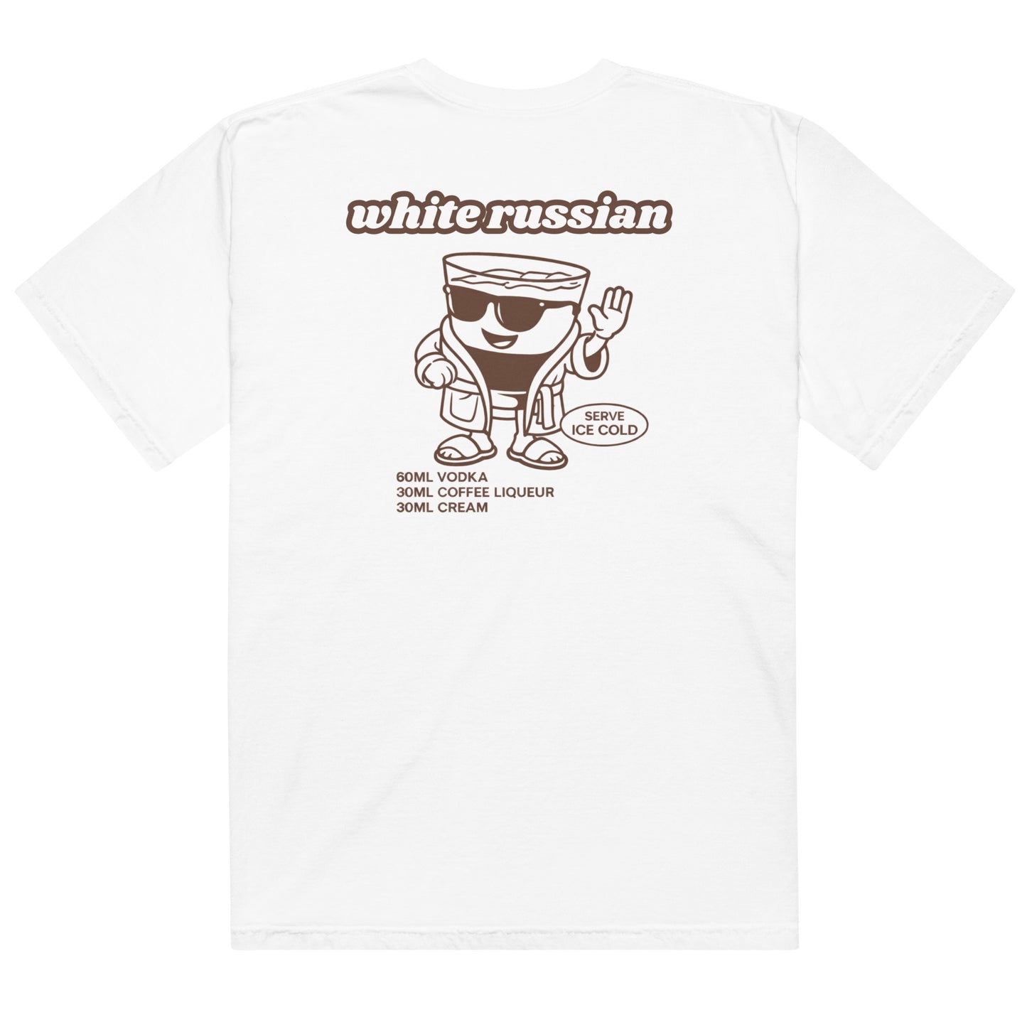 Line art White Russian recipe and drink glass character with sunglasses, robe, and slippers
