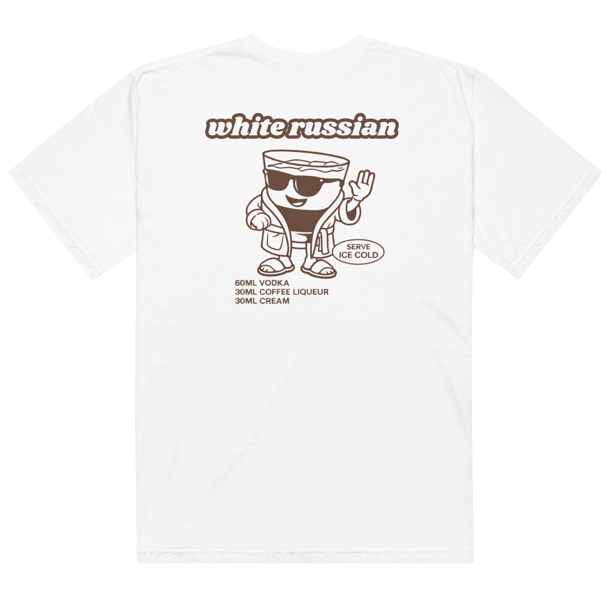 Line art White Russian recipe and drink glass character with sunglasses, robe, and slippers