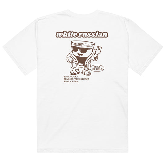 Line art White Russian recipe and drink glass character with sunglasses, robe, and slippers