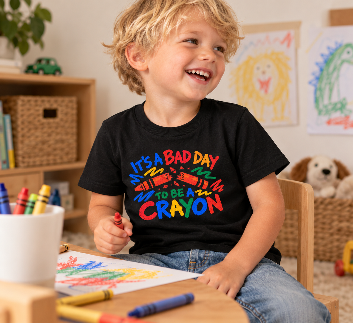 Toddler wearing Bad Day To Be a Crayon black tee