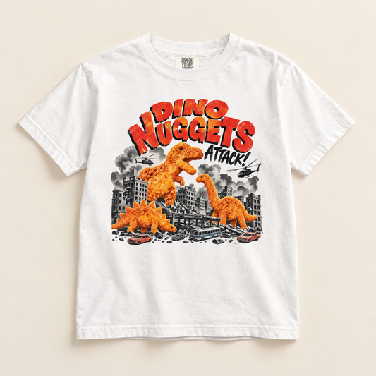 Dino Nuggets Attack white Comfort Colors youth tee front