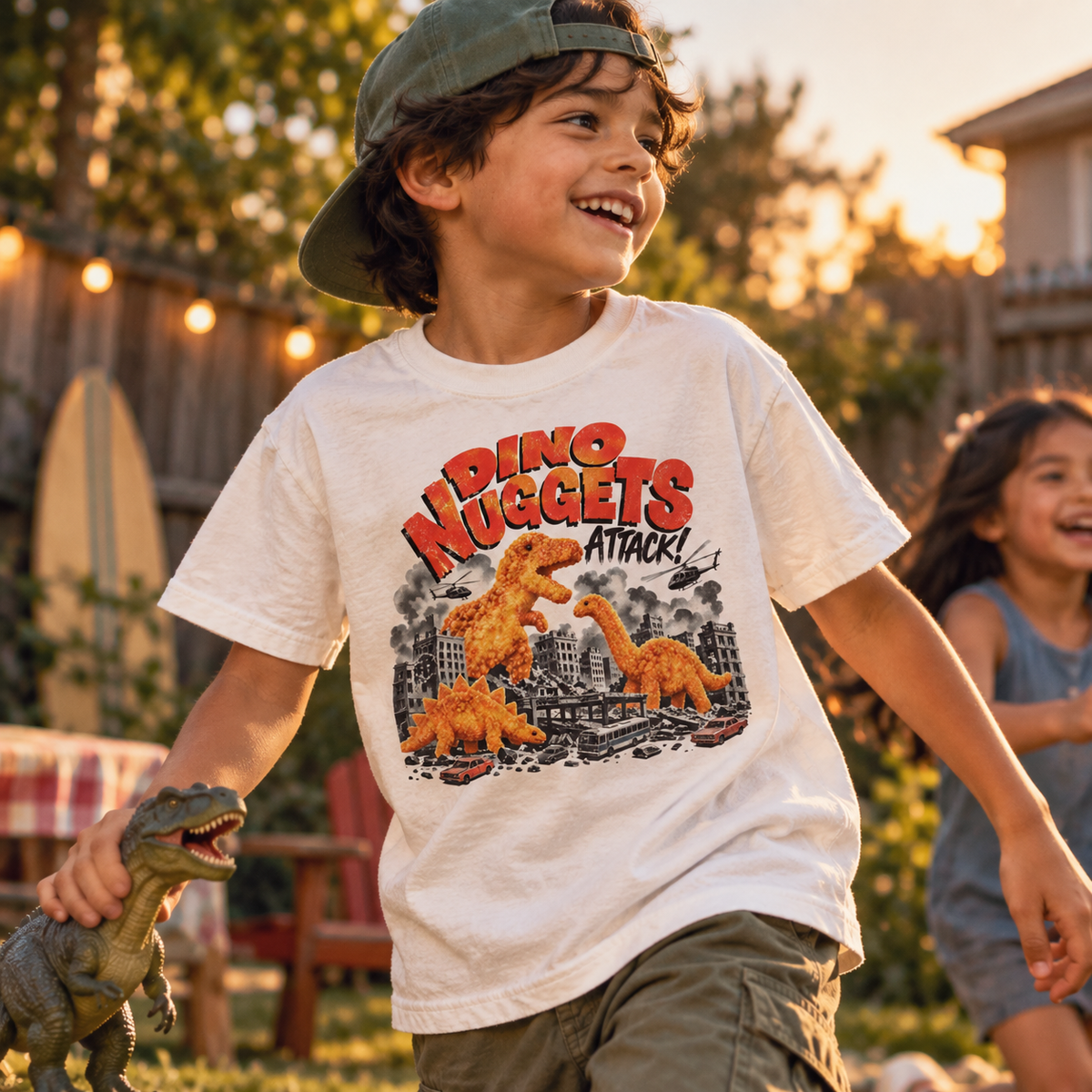 Kid wearing Dino Nuggets Attack white graphic tee outdoors