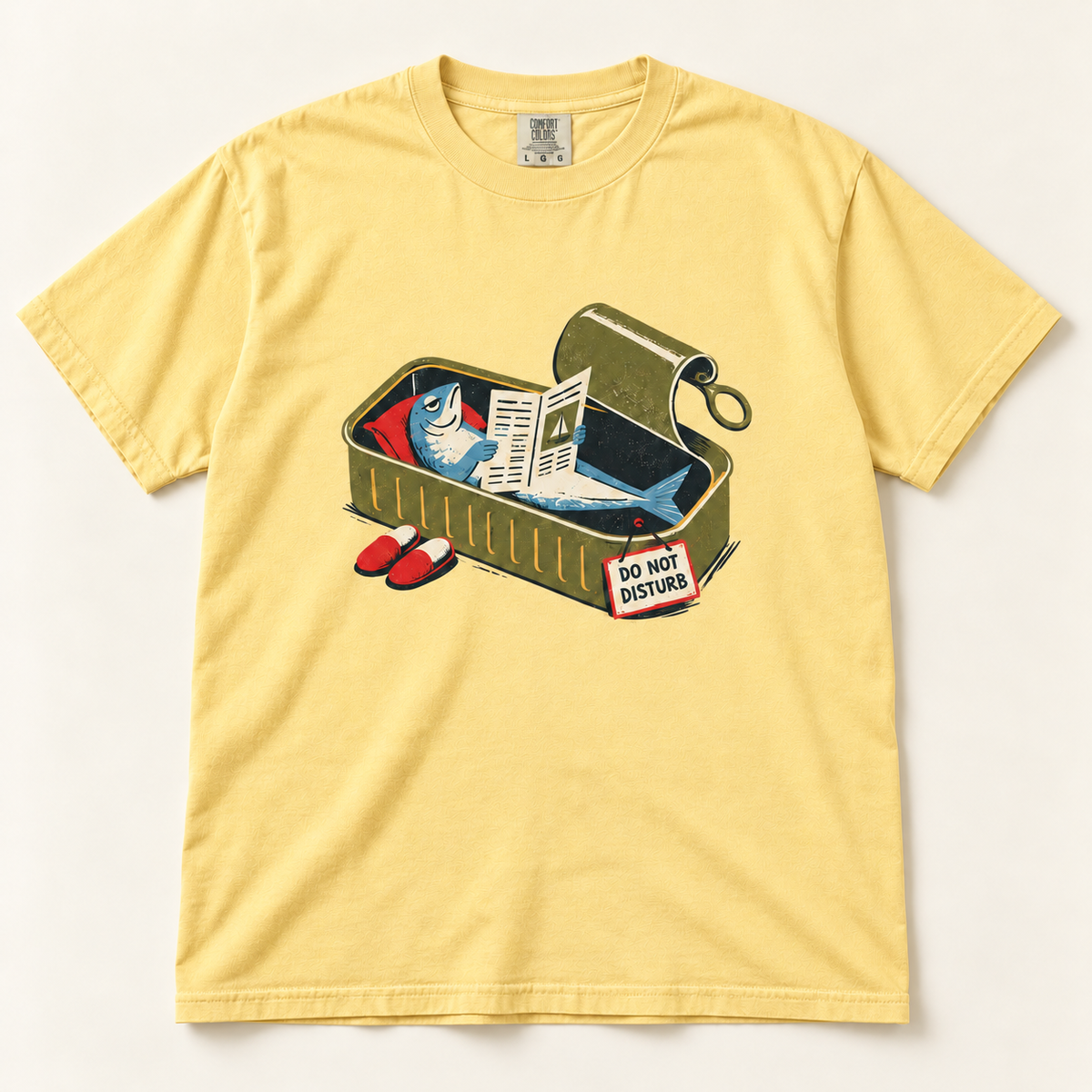 Do Not Disturb sardine graphic tee in Butter, front view