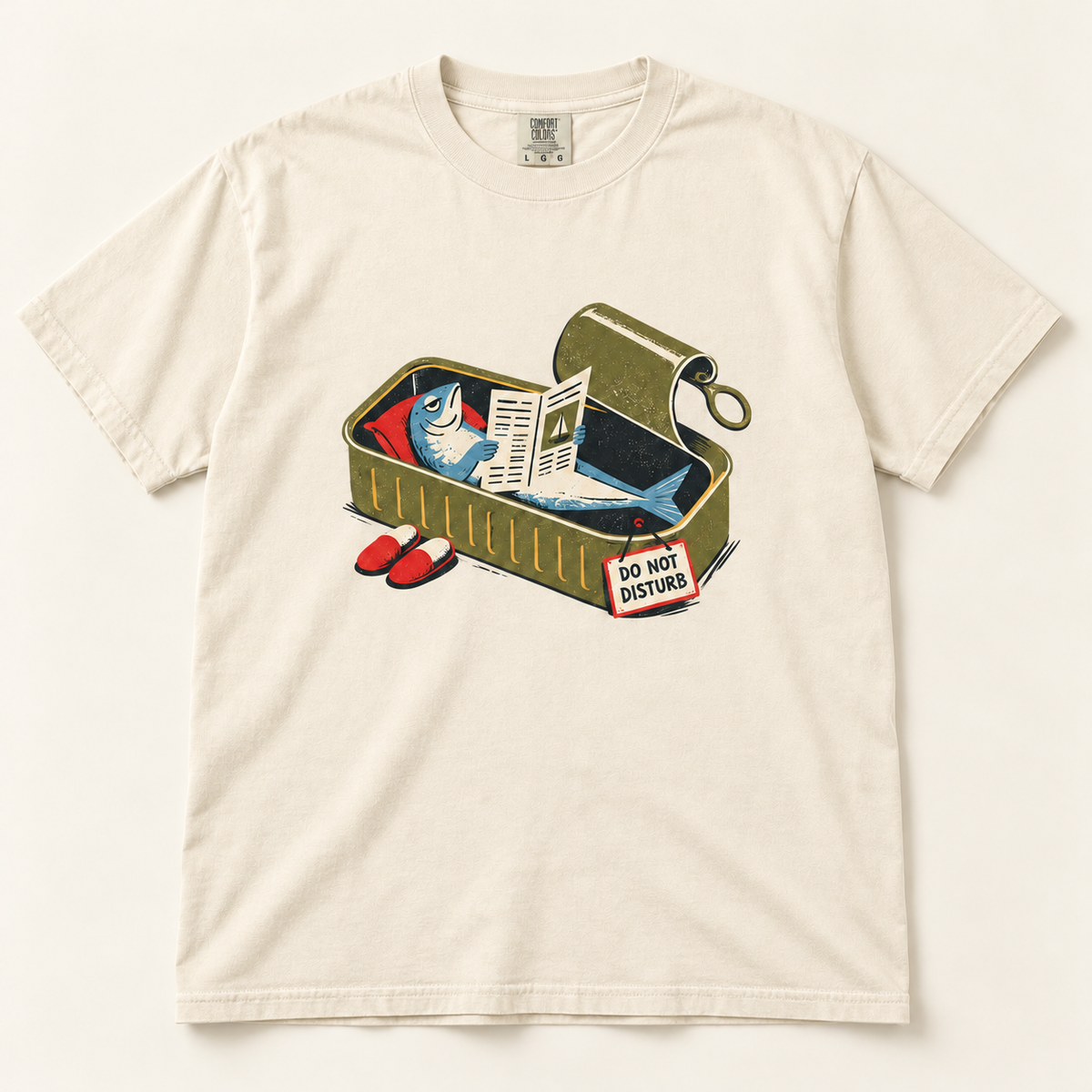 Do Not Disturb sardine graphic tee in Ivory, front view