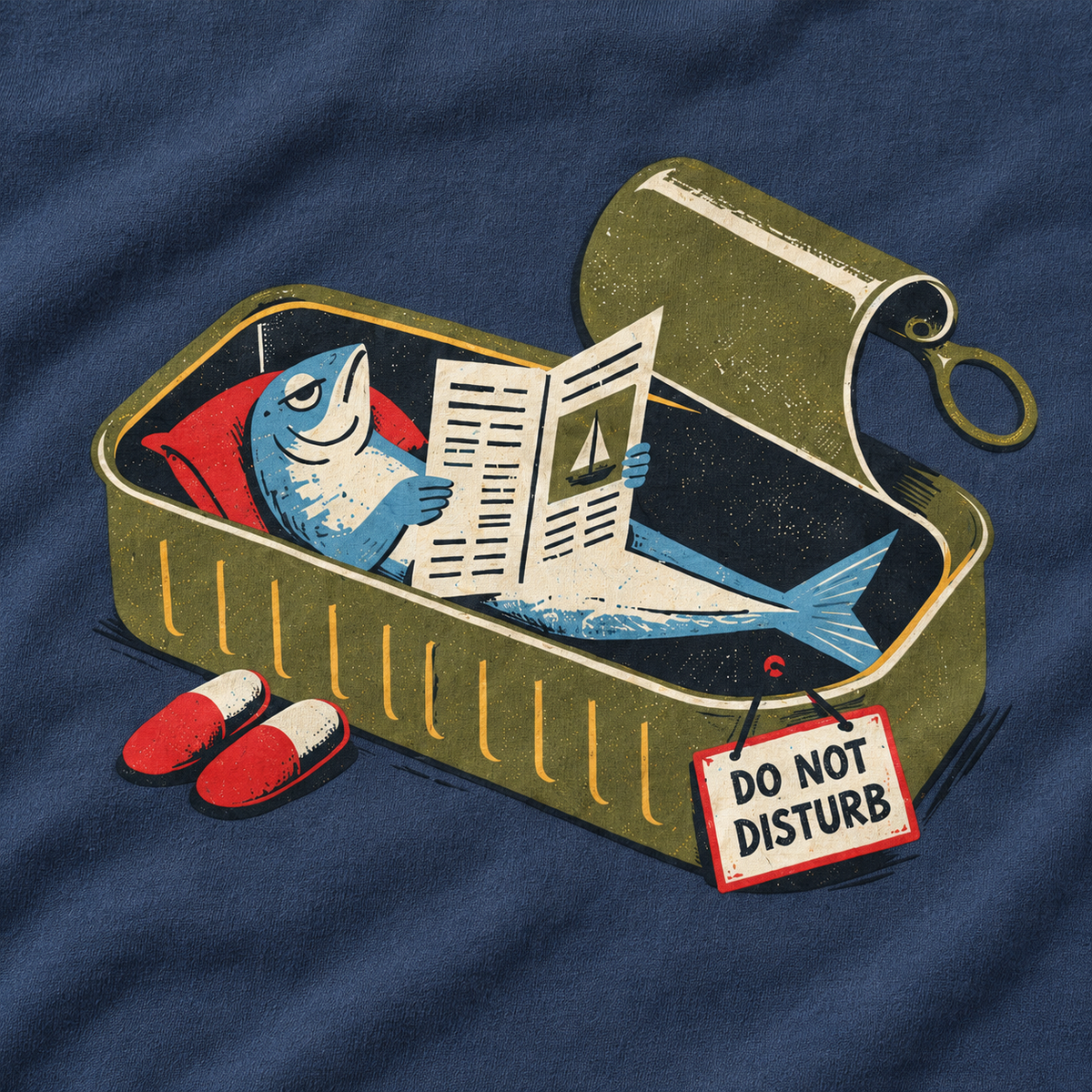 Close-up of the Do Not Disturb sardine illustration on Midnight cotton
