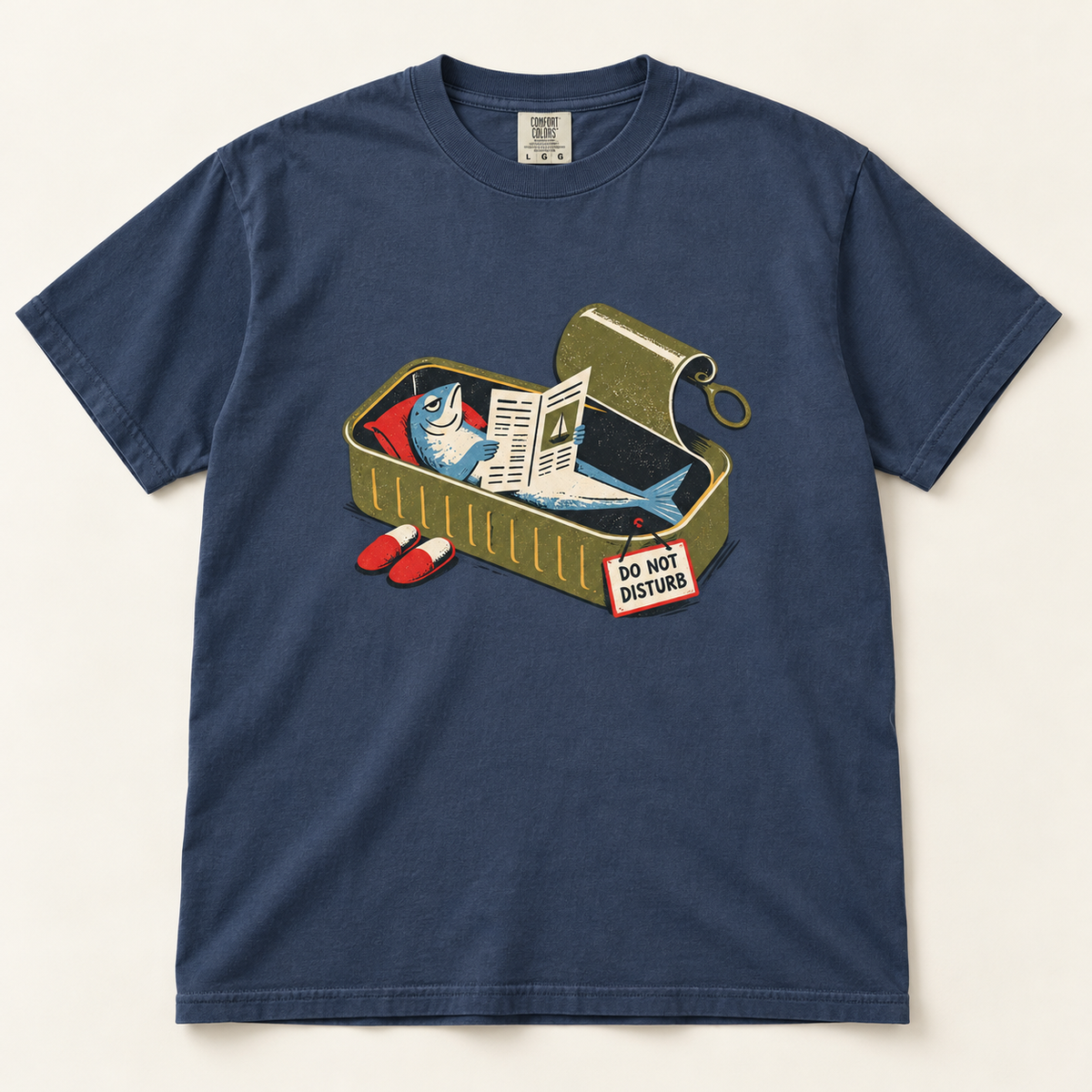 Do Not Disturb sardine graphic tee in Midnight, front view