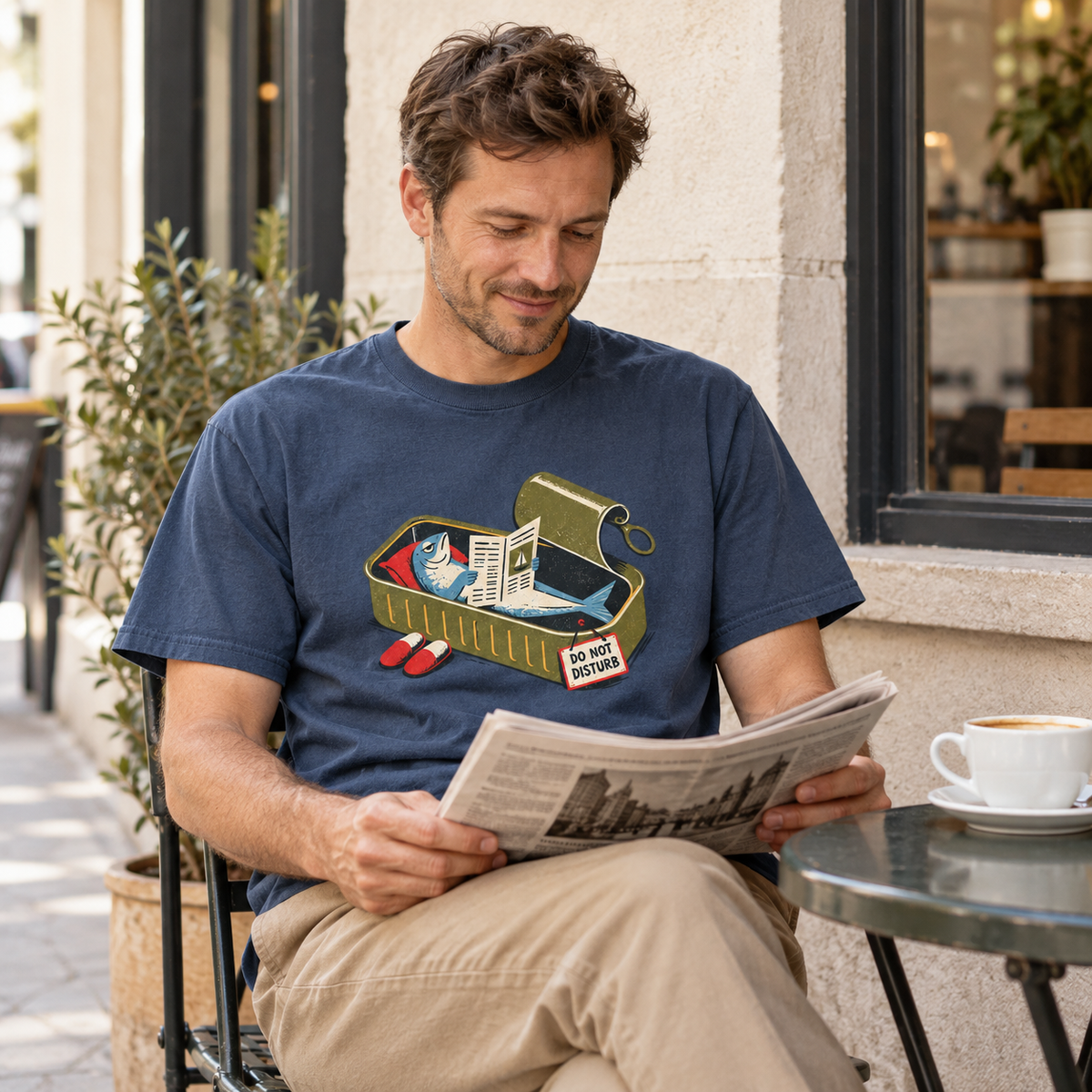 Man wearing the Midnight Do Not Disturb tee while reading a newspaper outside a cafe