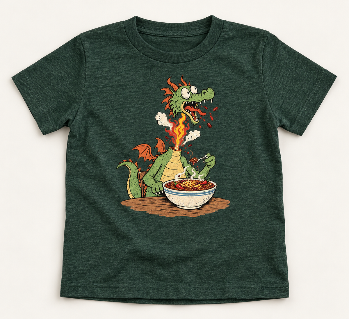 Dragon Chili kids tee in Heather Forest, front