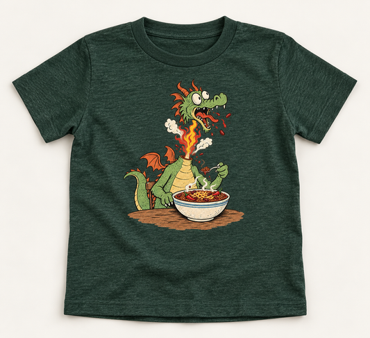 Dragon Chili kids tee in Heather Forest, front