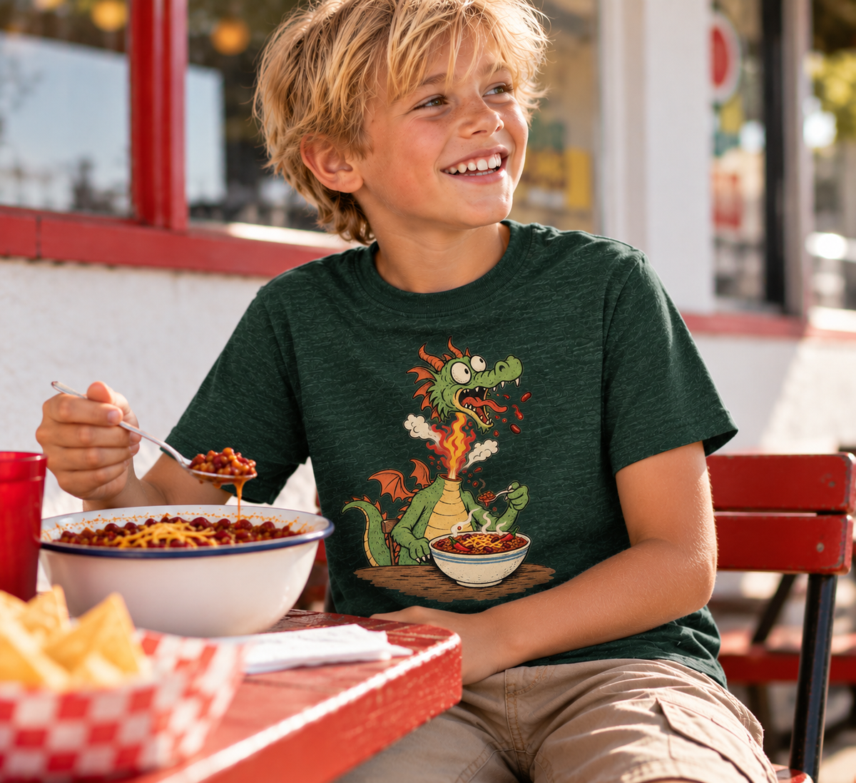 Boy wearing Dragon Chili Heather Forest kids tee