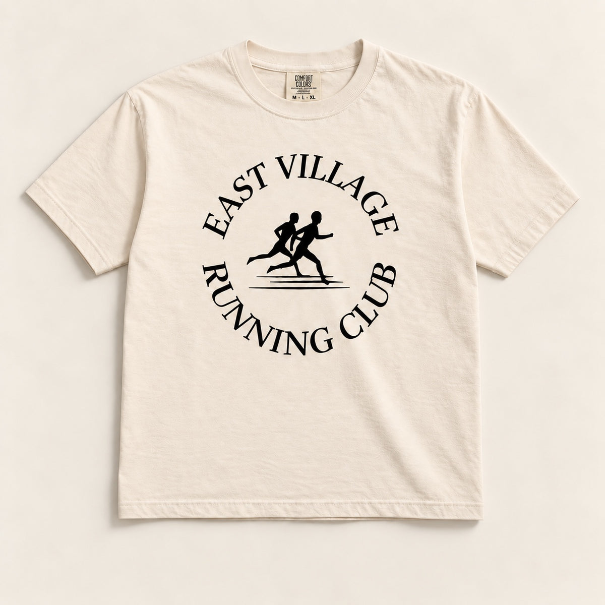 East Village Running Club ivory heavyweight tee front