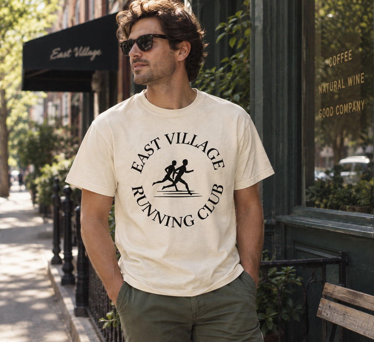East Village Running Club ivory tee lifestyle