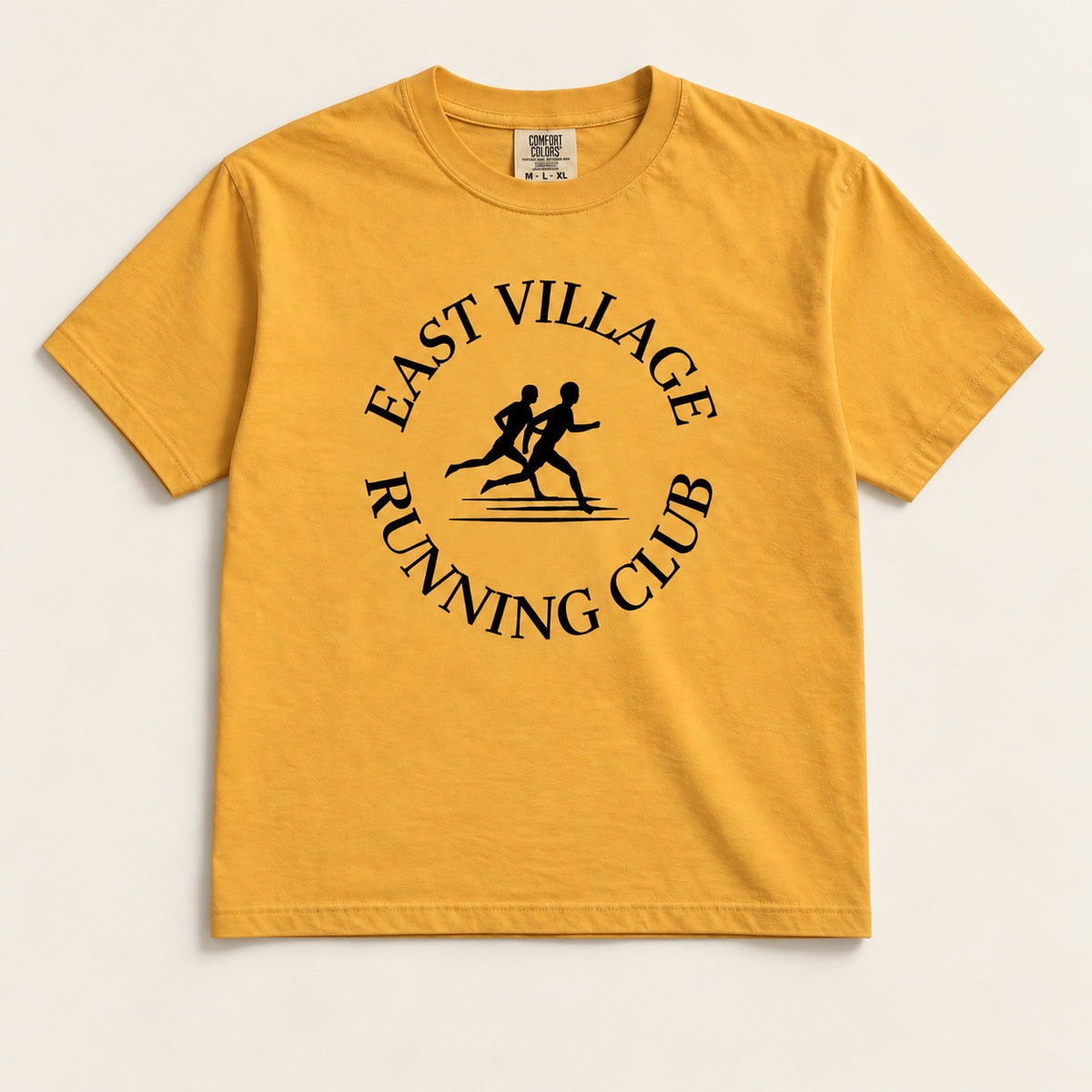 East Village Running Club mustard heavyweight tee front