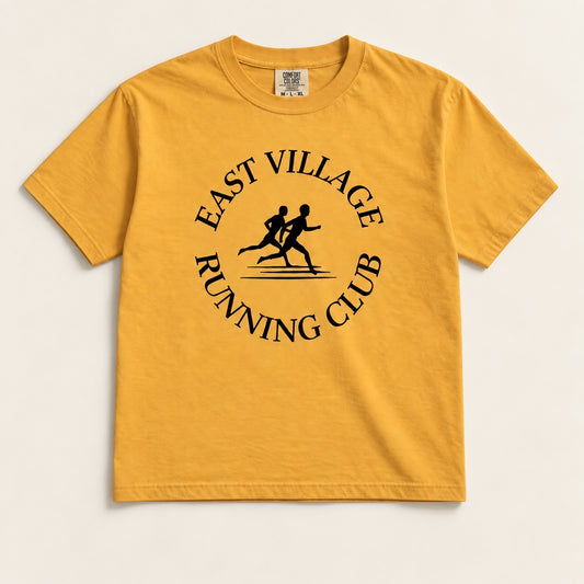 East Village Running Club mustard heavyweight tee front
