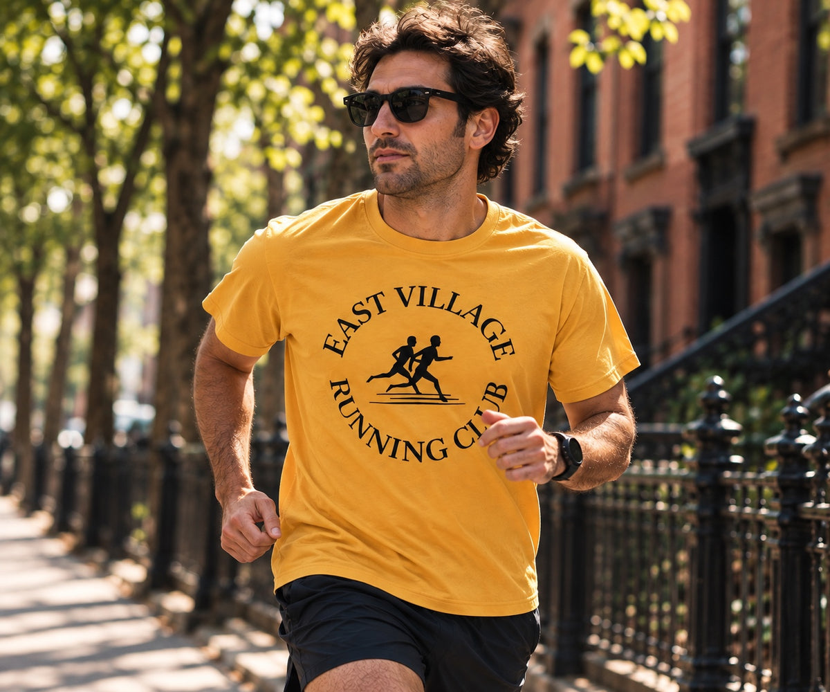 East Village Running Club mustard tee running lifestyle