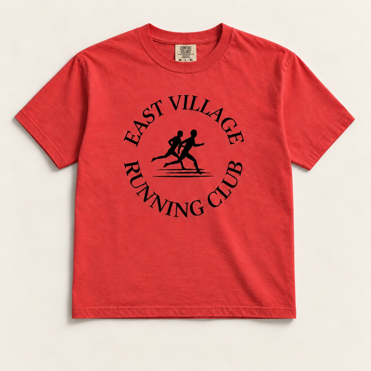 East Village Running Club paprika heavyweight tee front