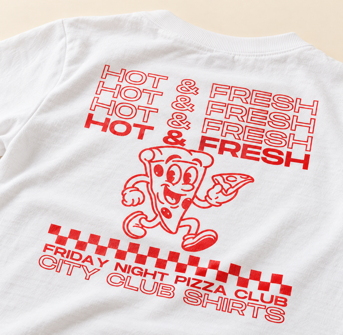Close-up of Friday Night Pizza Club back graphic on white kids tee