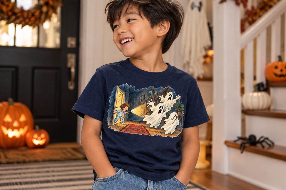Boy wearing Fright Night navy kids graphic T-shirt