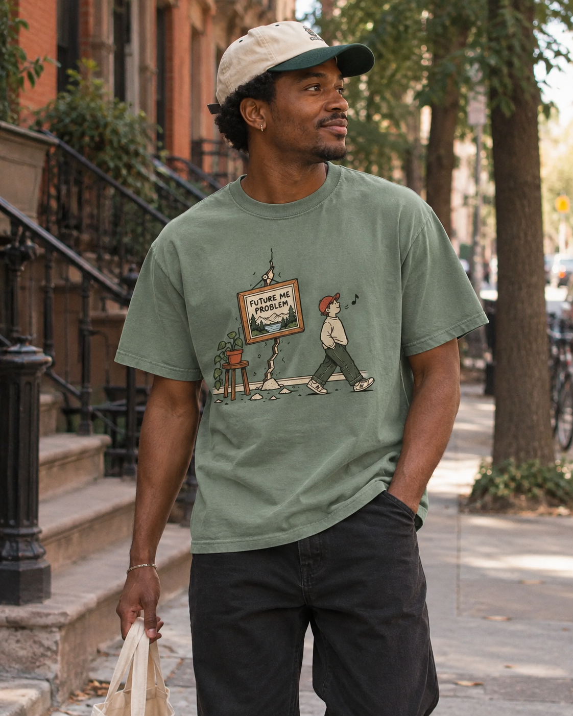 Model wearing the Future Me Problem graphic tee on a city street
