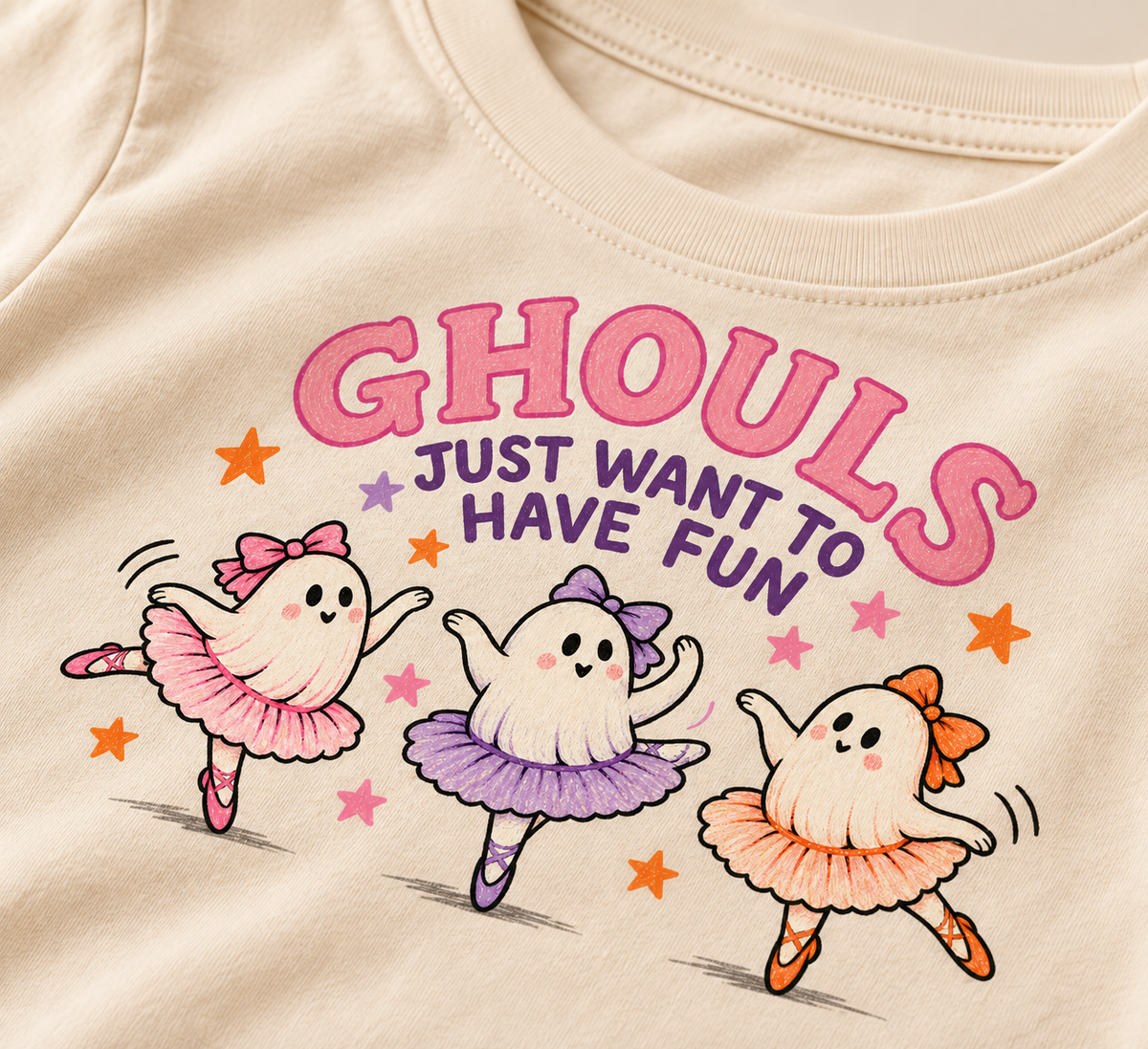 Ghouls Just Want to Have Fun print detail on Natural