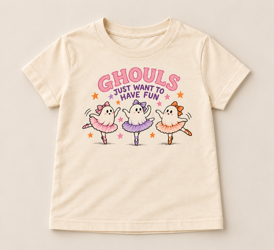 Ghouls Just Want to Have Fun kids tee in Natural