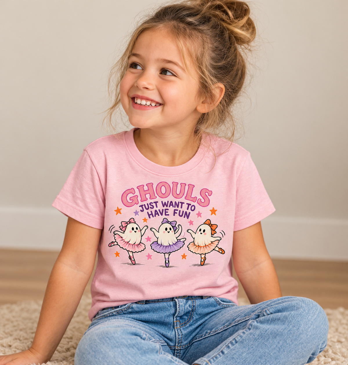 Girl wearing Ghouls Just Want to Have Fun kids tee in Pink