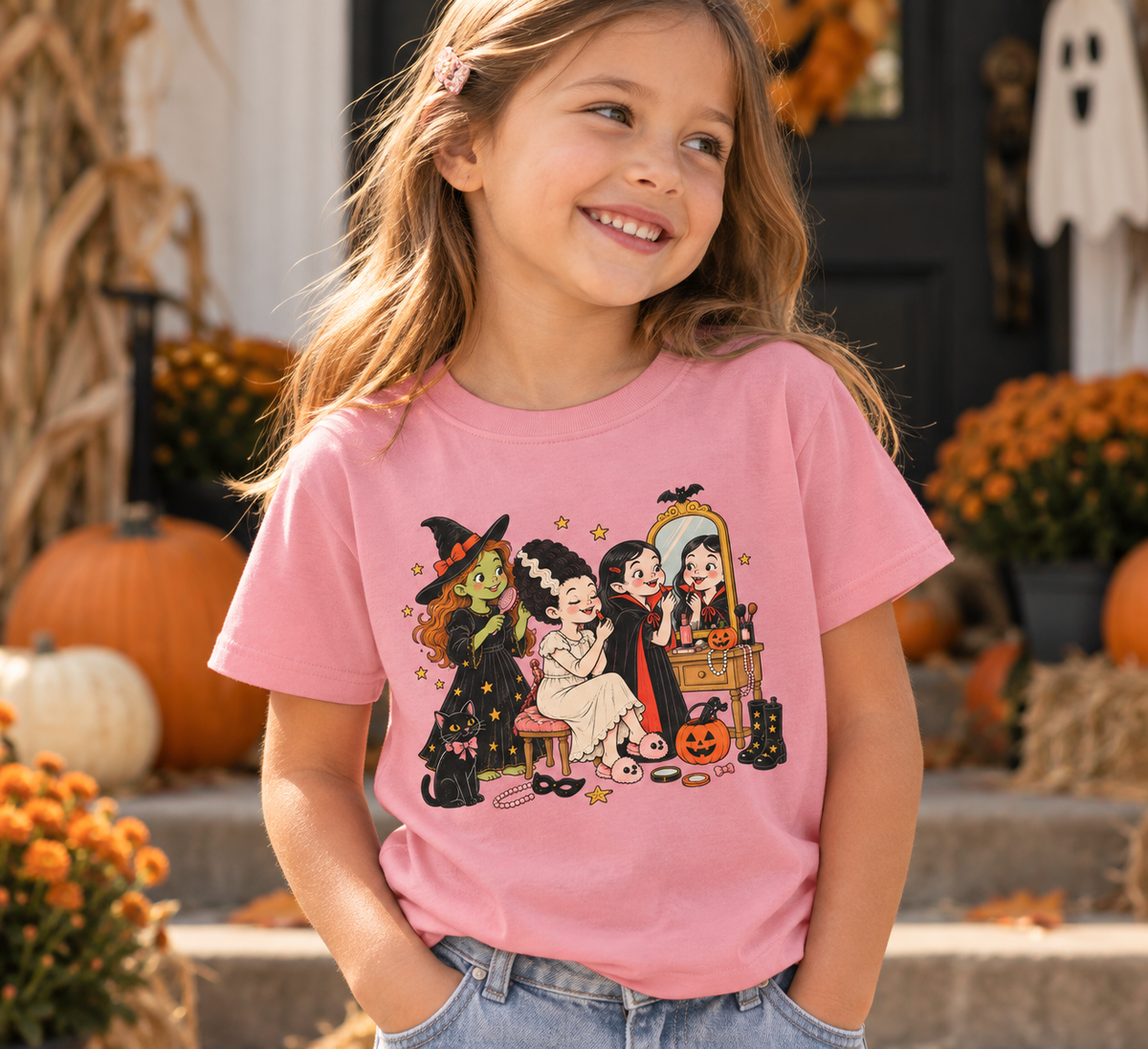 Girl wearing Girls Night Pink kids Halloween graphic T-shirt