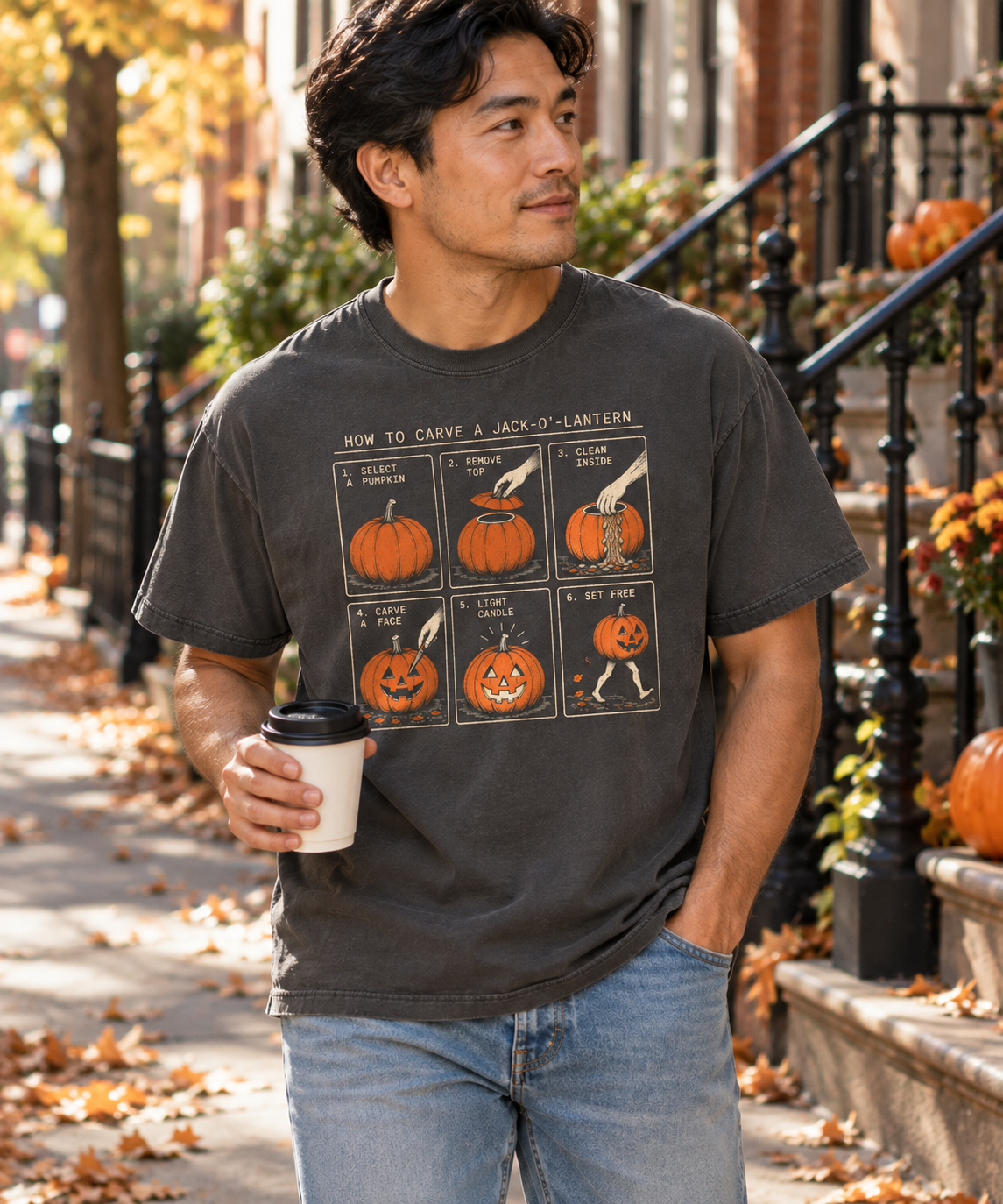 Man wearing How to Carve a Jack-O'-Lantern tee in Pepper