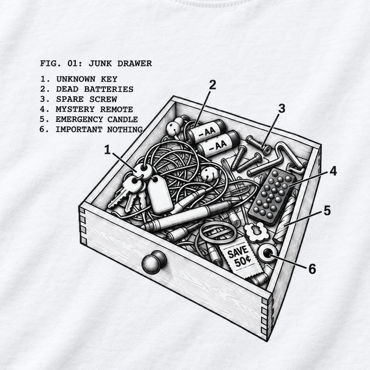 Junk Drawer technical illustration and inventory text, close-up