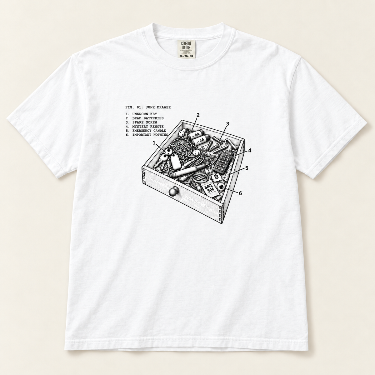 Junk Drawer white Comfort Colors graphic tee, front view