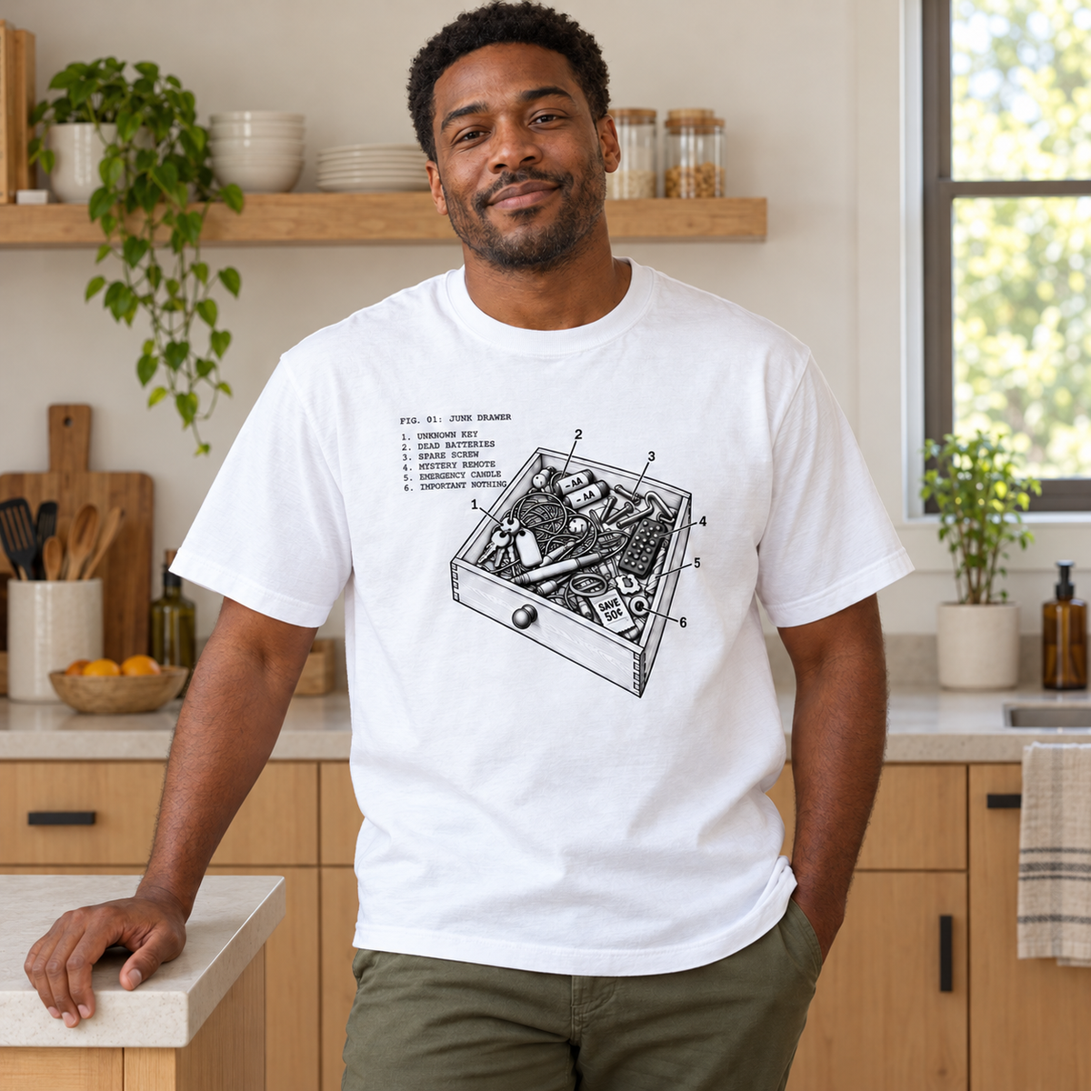 Model wearing the white Junk Drawer graphic tee in a kitchen