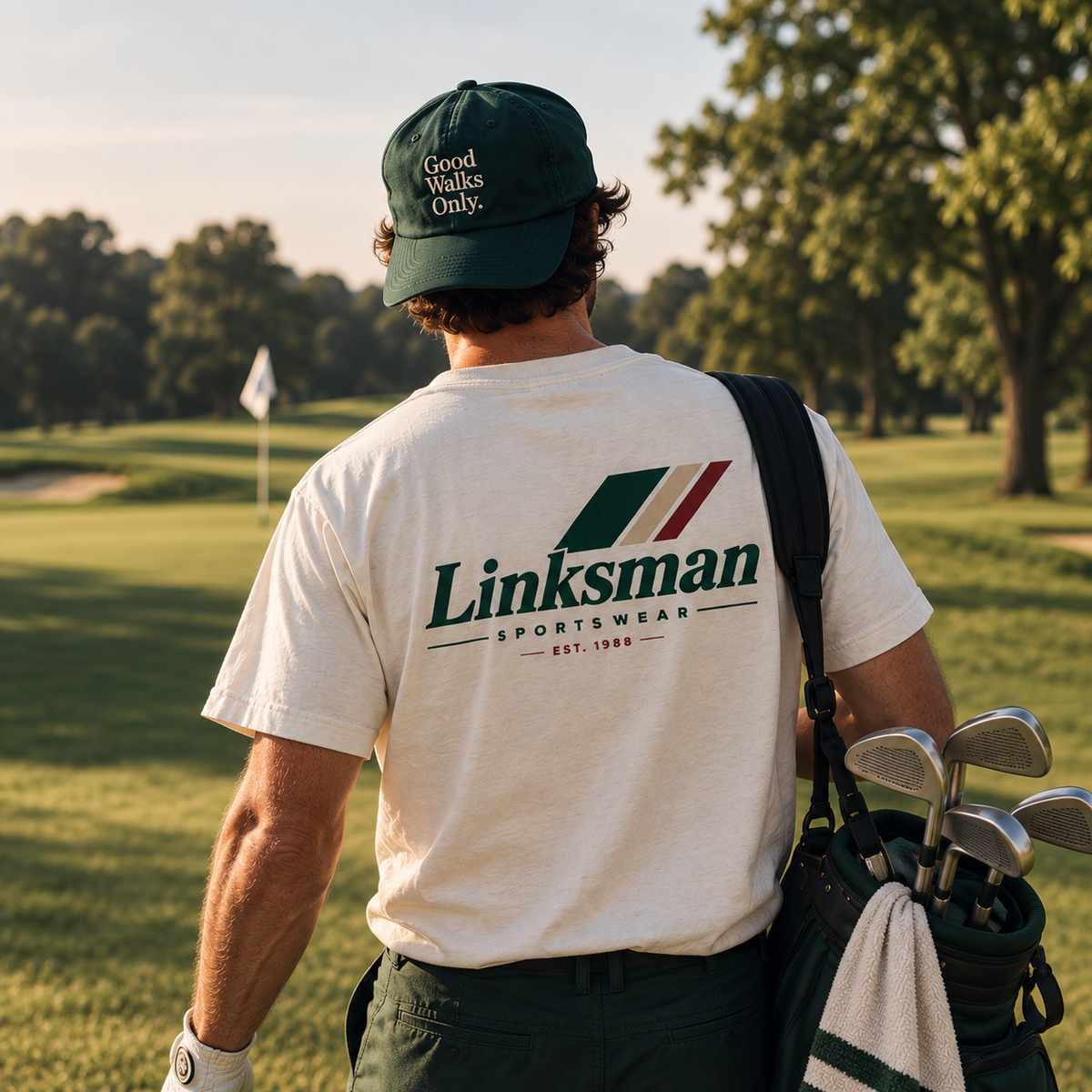 Linksman Sportswear tee on golf course at golden hour