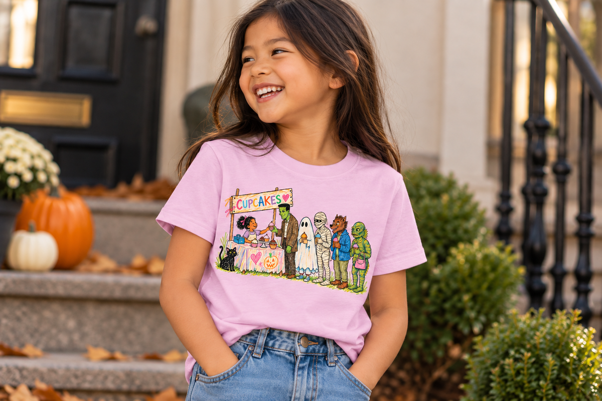 Girl wearing Monster Cupcakes Orchid kids graphic T-shirt