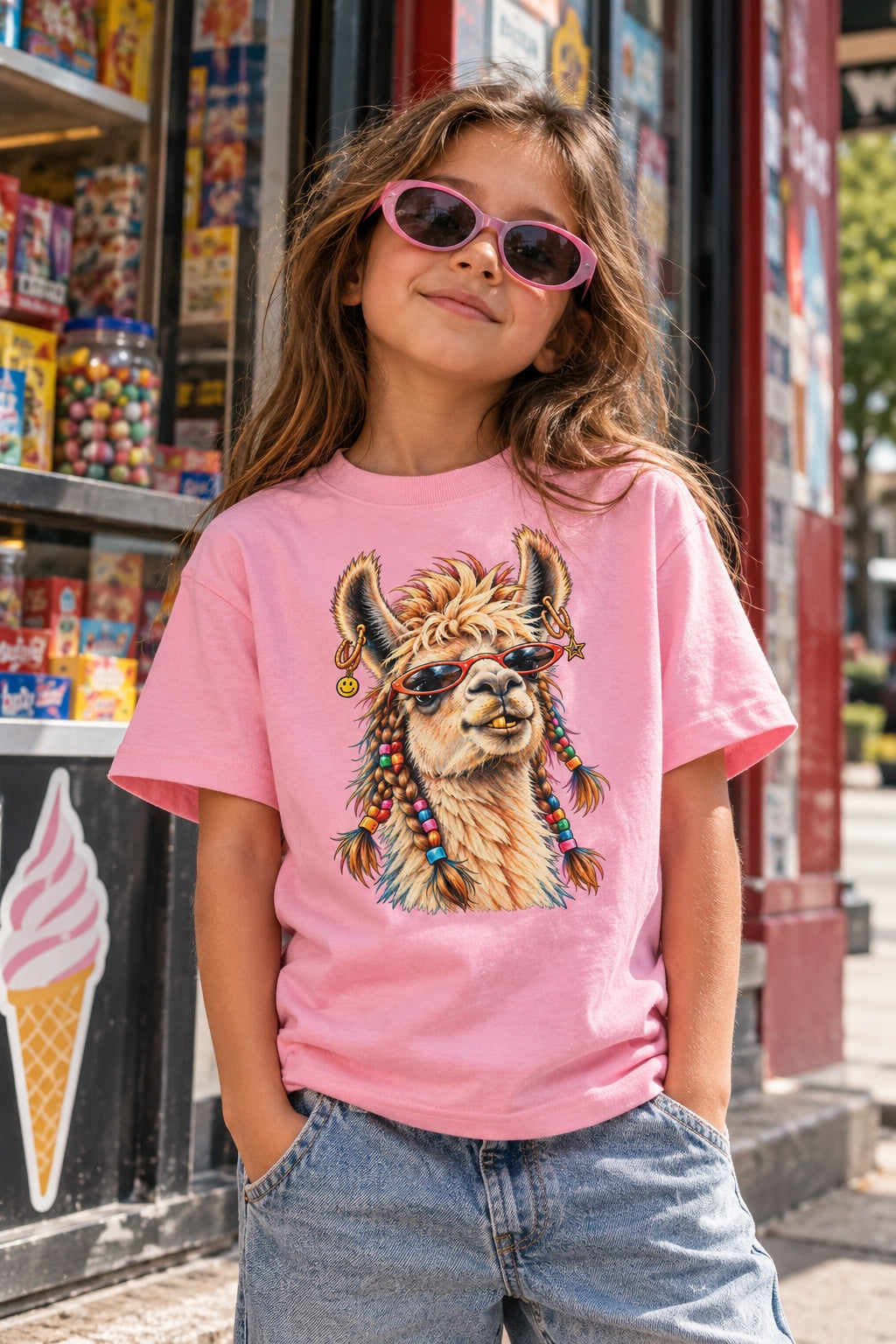 Child wearing No Probllama pink graphic tee