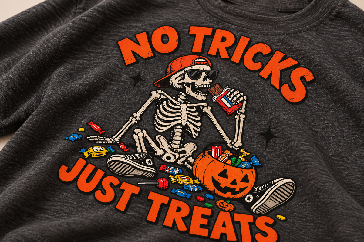 No Tricks, Just Treats Halloween DTG print detail