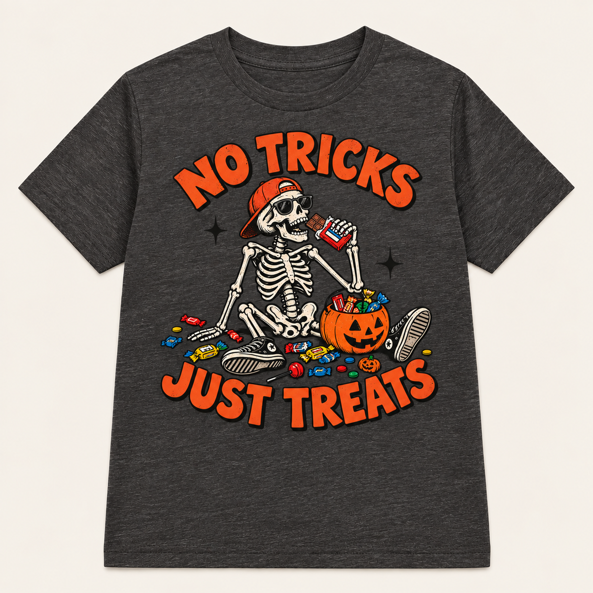No Tricks, Just Treats kids dark grey heather graphic T-shirt front