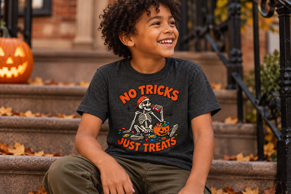 Boy wearing No Tricks, Just Treats dark grey heather kids T-shirt