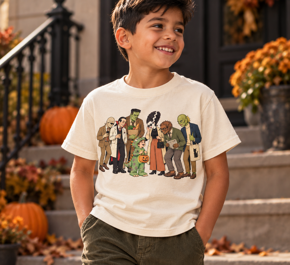 Boy wearing One of Us natural kids graphic T-shirt