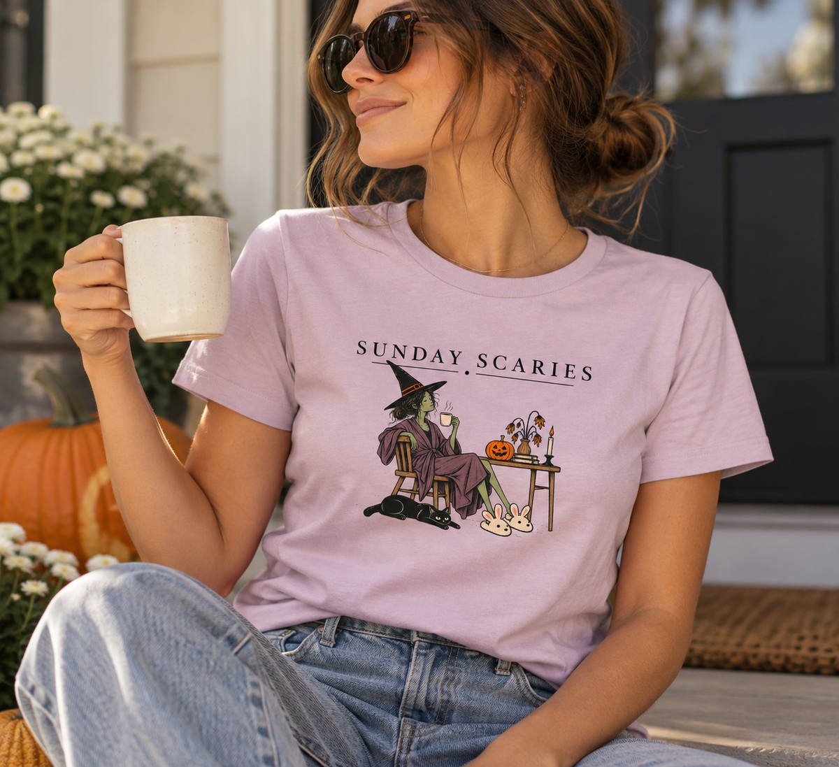 Woman wearing Sunday Scaries tee in Light Violet