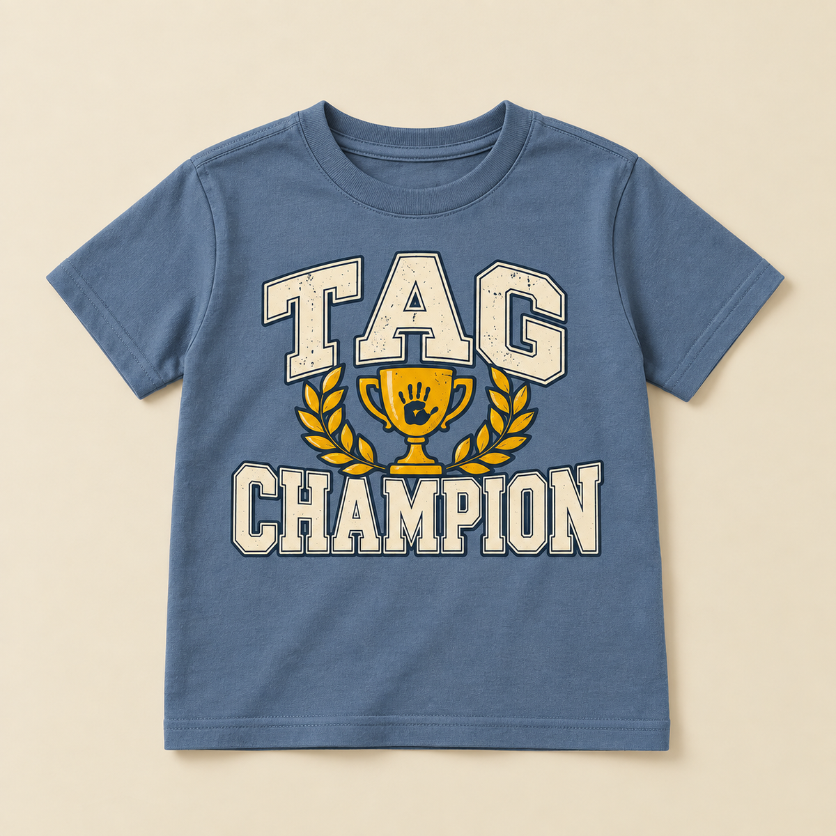 Tag Champion kids graphic tee in Blue Jean, front view
