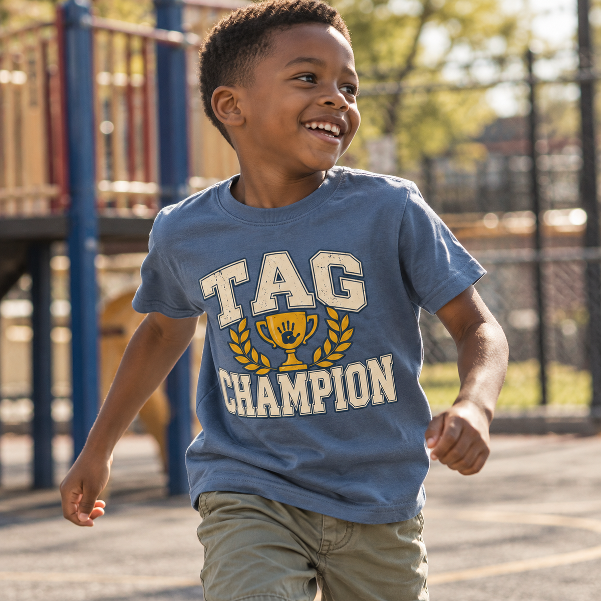 Child wearing Tag Champion tee at the playground