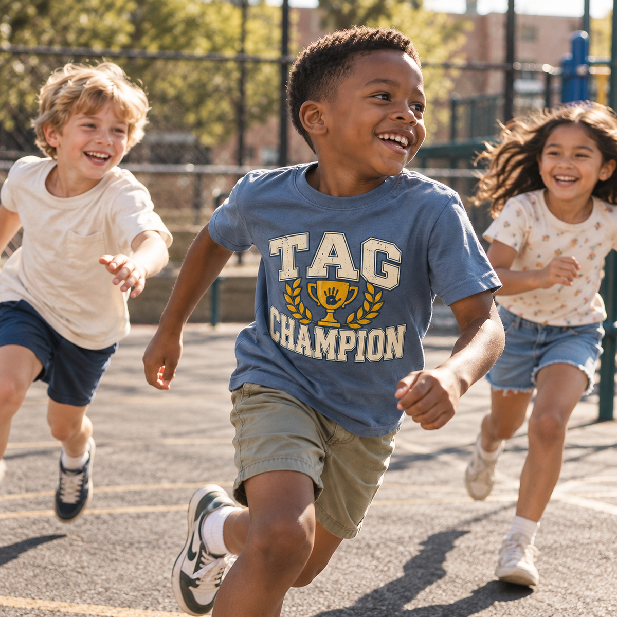 Kids playing tag with Tag Champion tee