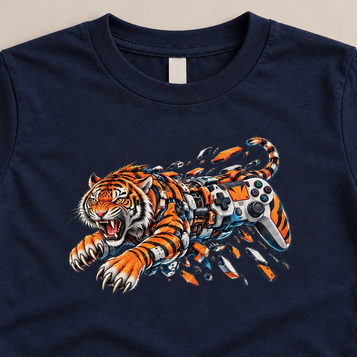 Close-up of the tiger and game controller graphic on the Jungle Mode Navy kids tee
