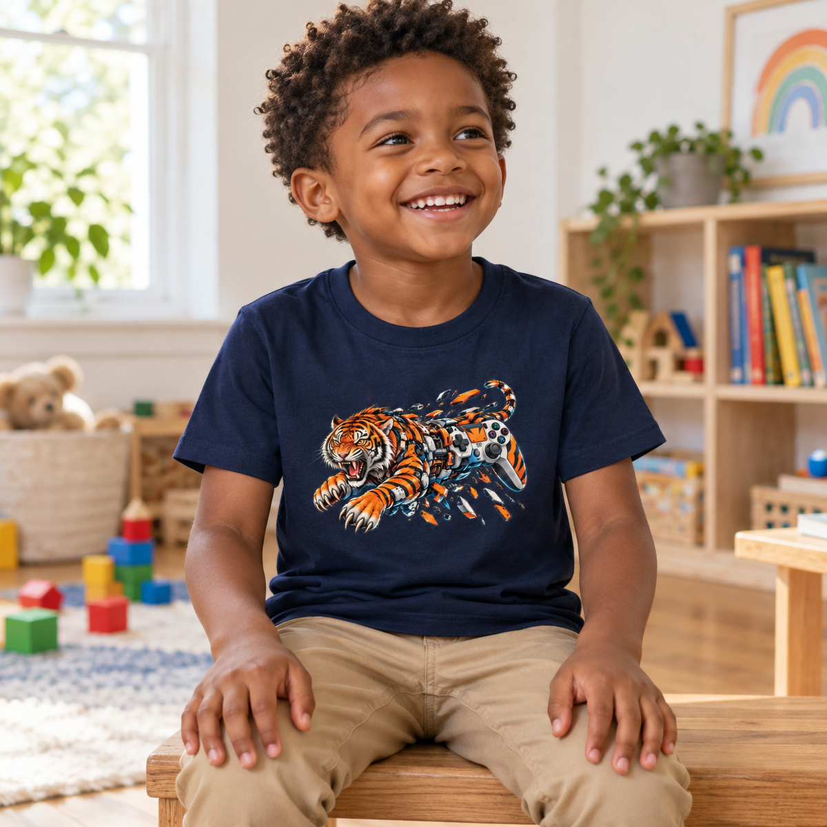 Child wearing the Jungle Mode kids graphic tee in Navy