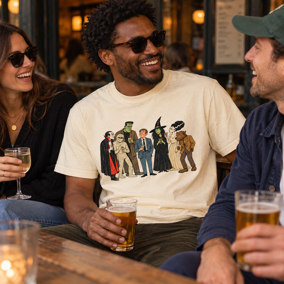 Who Invited Him? ivory graphic T-shirt in a social setting