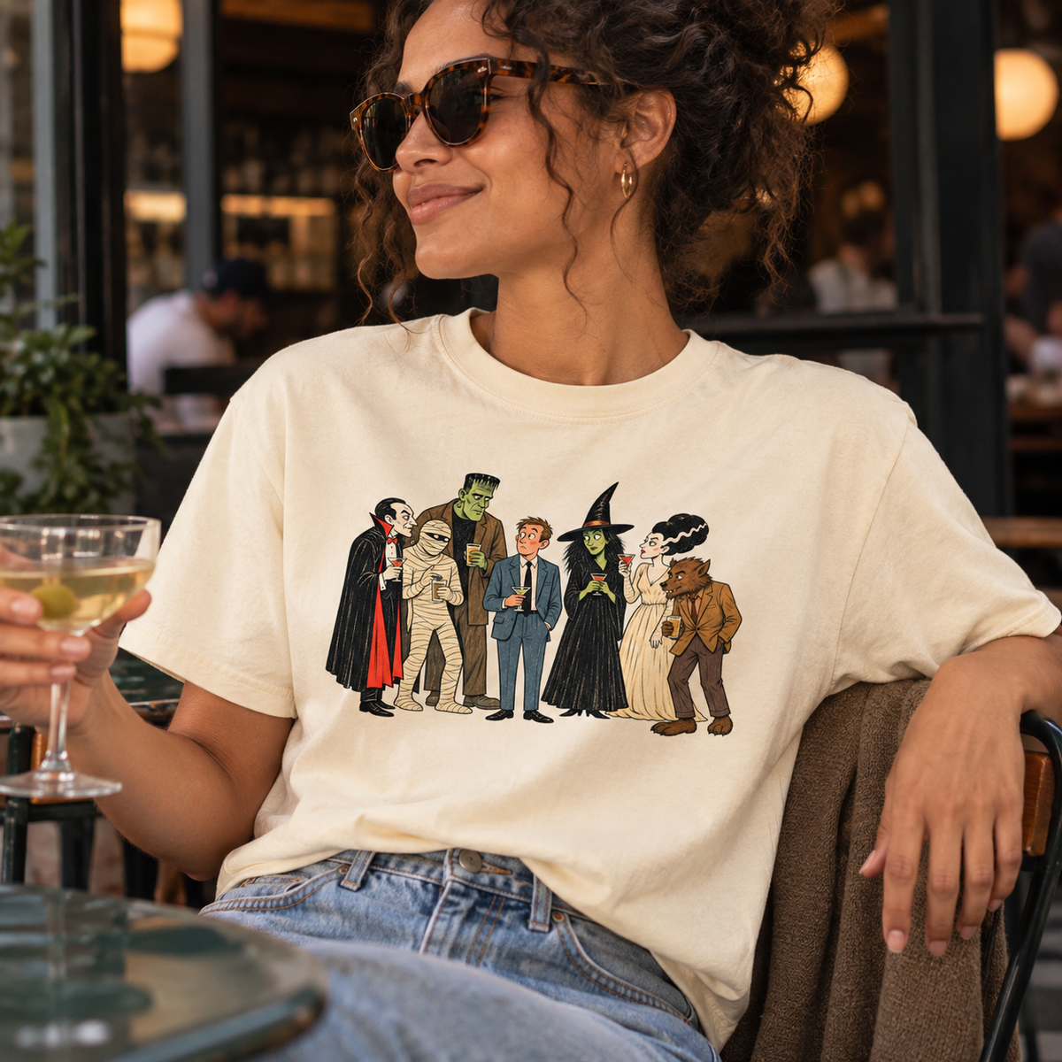 Woman wearing Who Invited Him? ivory graphic T-shirt